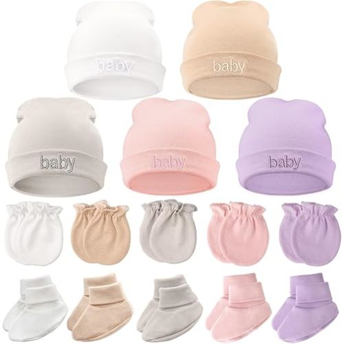 DRESHOW BQUBO Newborn Baby Hat Mittens Socks Set Infant Cotton Beanie Gloves Thick Warm Socks for 0-6 Months Boys Girls