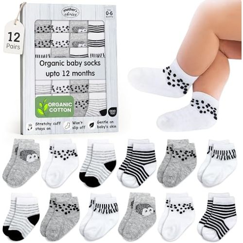 Mother's Choice Baby Socks 0-6 Months 12 Pairs Unisex Organic Cotton Blend Newborn Socks for Boys & Girls Stay-On Stretch Infant Socks OEKO-TEX Certified Baby Gift