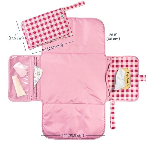 Tiny Twinkle Portable Diaper Changing Pad | Waterproof, Wipeable & Compact Baby Changing Pad for Travel | Smart Wipes Pocket & Organized Storage| Newborn Shower Gift (Raspberry Gingham)
