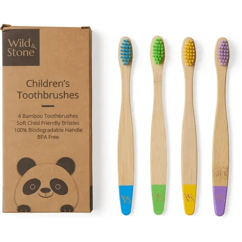 Wild & Stone Organic Children's Bamboo Toothbrush | Four Colors | Soft Fibre Bristles | 100% Biodegradable Handle | BPA Free | Vegan Eco Friendly Kids Toothbrushes