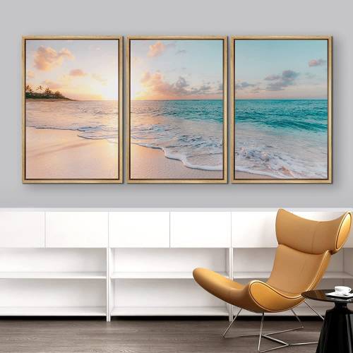 Tropical Beach Sunset Framed Canvas Wall Art Set of 3, Coastal Ocean Shoreline Seascape Photography Prints, Modern Bathroom Decor