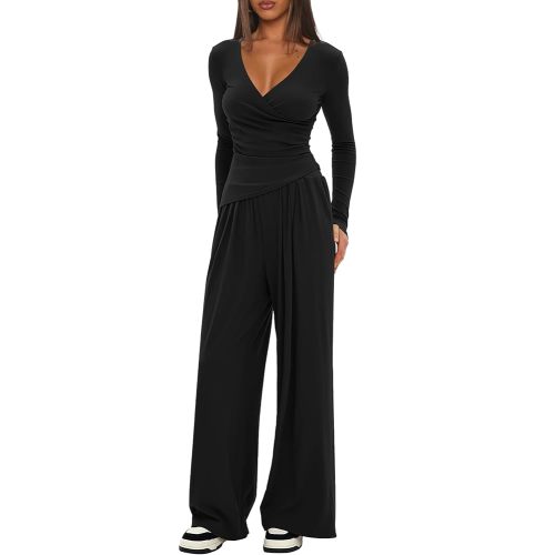 Darong Women's 2 Piece Lounge Fall Outfits Sets Warp V Neck Short/Long Sleeve Shirts and Wide Leg Pants Casual Matching Sets
