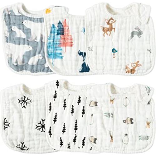 Zainpe 6Pcs Muslin Cotton Baby Bibs Snowflake Polar Bear Pattern Burp Cloths, Adjustable Bib with 6 Absorbent Soft Layers for Unisex Infant Toddler Newborn Drooling Feeding Teething