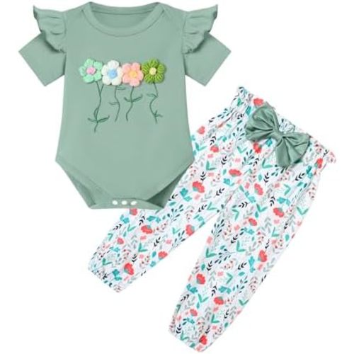 Baby Girls Clothes Newborn Bodysuits Short Sleeve Ruffle Romper and Floral Pants Set Infant Outfits 0-24 Months