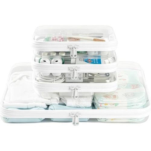 4 pcs Zipper Pouches Set, XL Hard Shell Storage Bag with 3 Medium Minus Travel Cases, Stackable Toiletry Organizer, Cosmetic Bag, Transparent Travel Storage (XL + 3 M-)