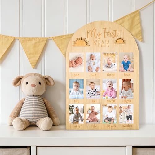 R HORSE My First Year Photo Display Wood Board - Fits 2 x 3 Inch Photo, 3D Boho Sun Baby's First Year Picture Frame 12 Months Milestone Board Baby Keepsake Birthday Nursery Decor Gift for Boy Girl