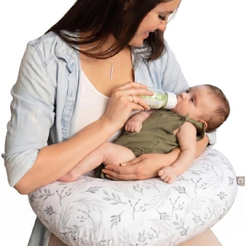 Boppy Nursing Pillow - Verified Safe Breastfeeding Pillow with Softer Fill for Comfortable Support, Machine Wash & Dry Cover, Non-Toxic Materials - Gray Gentle Leaves