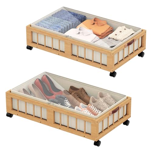 efluky 2-Pack Bamboo Under Bed Storage Containers with Wheels, Under Bed Clothes Storage Basket with Large Dust Bag, Rolling UnderBed Storage for Bedroom, Dorm and Basement, Nature