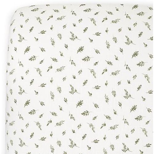 Little Unicorn Organic Muslin Crib Sheet | Soft & Breathable Fitted Sheet for Crib Mattress | 100% Cotton 52"x28" | (Olive Branch)