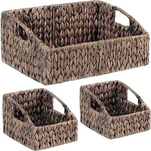 Set of 3 Handwoven Storage Baskets – Decorative Natural Wicker Organizer Bins with Built-in Handles for Bathroom, Kitchen, Pantry, Nursery, Closet, Laundry, Living Room, and Home Use