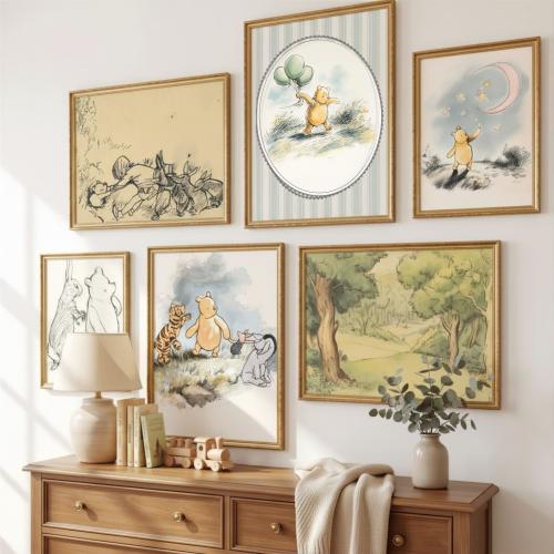 Classic Winnie-the-Pooh Gallery Wall Set Wood Frame Sage Nursery Decor Neutral Children Room Fine Art Print Collection Woodland Bear Collage