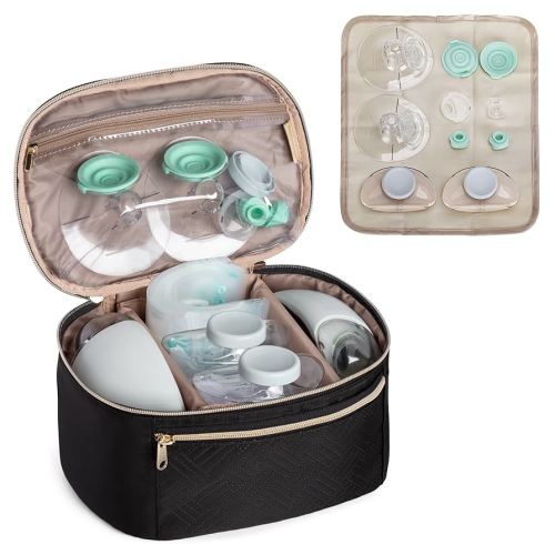 Fasrom Bolsa de extracción de leche portátil compatible con bombas Momcozy Medela y Elvie, estuche de transporte portátil con alfombrilla impermeable para madres que trabajan viajan, color negro (solo