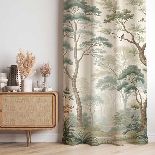 Cottagecore Forest Linen Curtains, Vintage Woodland Tree Drapes, Nature Landscape Window Panels