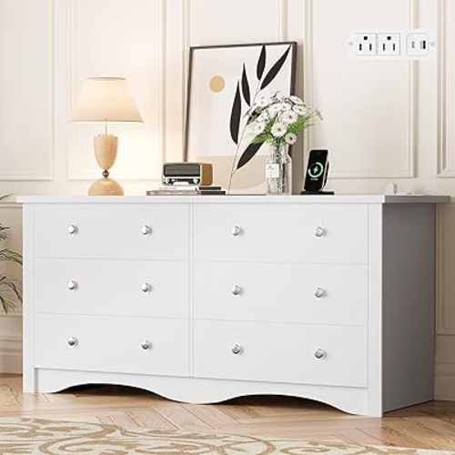 YESHOMY Dresser for Bedroom with Power Outlet,6 Drawers Dresser, Modern Chest of Drawers, Wooden Dressers, TV Stand for Living Room,Closet, Hallway (White)