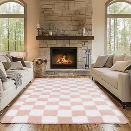 Ecoshag Soft Rugs for Living Room, 6x9 Ft Pink and White Checkered Fluffy Shaggy Rugs for Indoor Use, High Pile Ultra Fuzzy Rug for Bedroom Kids Nursery Rooms,Home Decor Aesthetic