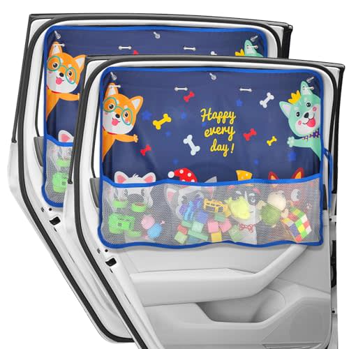 2 Pack Car Window Shade for Baby, Blackout Car Sun Shades with Storage Pockets, 7 Suction Cups, Blue, Cute Patterns for Sun/Heat/UV Rays Protection, Standard Passenger Cars