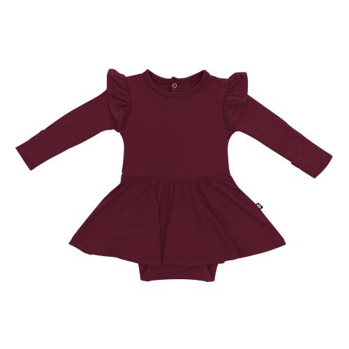 Long Sleeve Twirl Bodysuit Dress in Burgundy