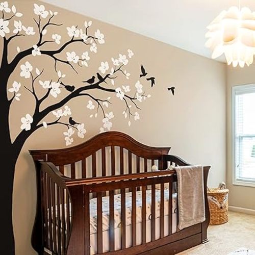 Large Corner Tree Wall Decal with Big Blossoms, Birds and Leaves Nursery Wall Art Sticker Mural 087 (Leaning Right, Black, White)