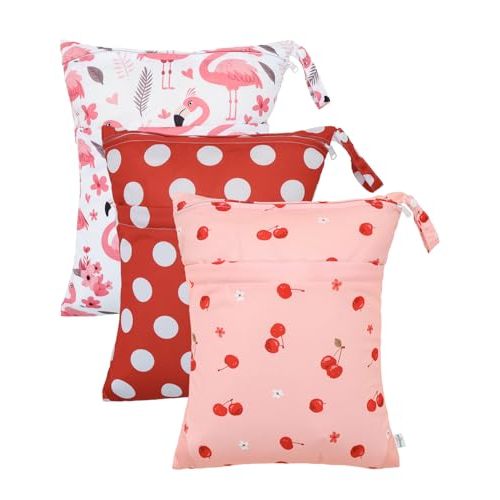 babygoal Wet Dry Bags 3 Pack, Waterproof Travel Bags for Swimsuits, Beach, Pool, Gym,Food Storage and Wet Clothes(Cherry,Flamingo,Polka Dot),3LN42-B