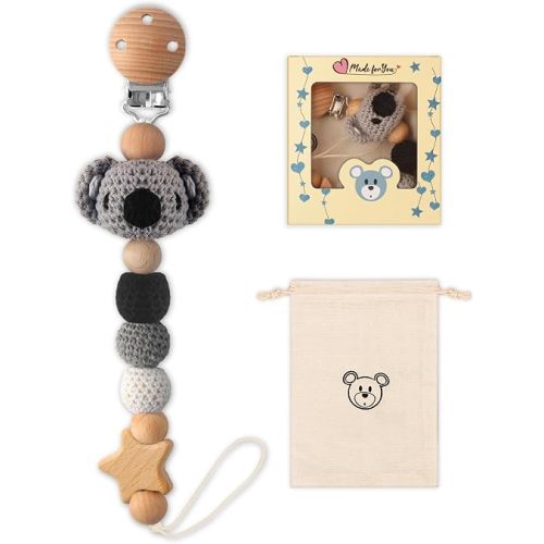 LSTRAGY Pacifier Clip, 1 Pack Pacifier Holder Clip for Boys and Girls, Cute Koala Handmade Knitted Pacifier Holder Fits for Most Pacifier, Baby Teethers, Baby Shower and Baby Gift(Koala)