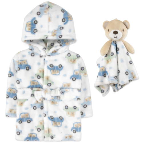 Baby Essentials Hooded Bathrobe with Tie Closure & Matching Minky Blanket Doll for Newborns, Infants and Toddlers 0 – 9 Months for Bath and Lounge in Bears & Cars with Bear