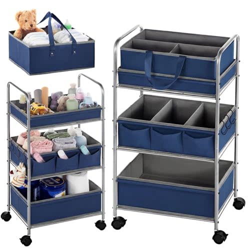 Honeydak 2in1 Baby Diaper Caddy Organizer Cart 3 Tier Large Capacity Metal Utility Bedside Rolling Cart with Divider Newborn Registry Nursery Essential Must Have Crib Bedroom Baby Shower(Gray, Blue)