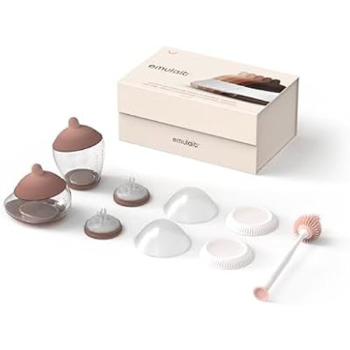 Emulait Baby Bottle Starter Kit Includes 2 Bottles 2 Nipples 2 Caps 2 Lids 2 Responsive Flow Valves, Cleaning Brush - Medium - Shape 4 (Most Common)-RFV