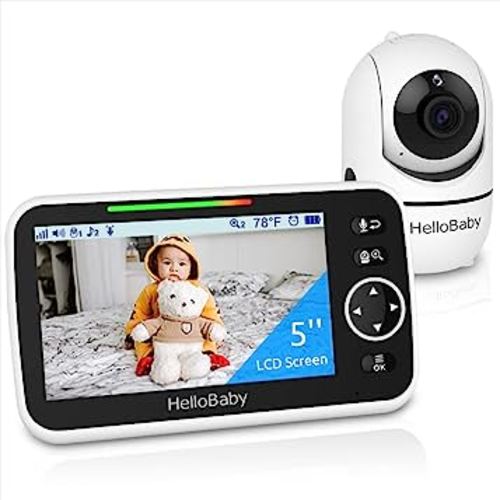 HelloBaby Monitor, 5''Display, Pan-Tilt-Zoom Video Baby Monitor with Camera and Audio, Night Vision, 2-Way Talk, Temperature, 8 Lullabies and 1000ft Range Baby Monitor No WiFi for Elderly