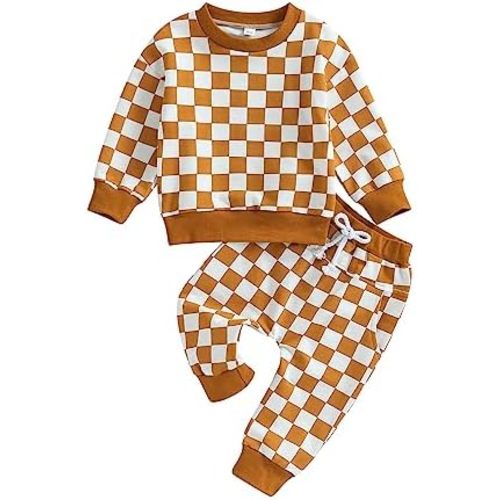 Toddler Baby Boy Girl Fall Winter Outfit Checkered Long Sleeve Sweatshirt Pullover Tops Jogger Pants 2Pcs Clothes Set