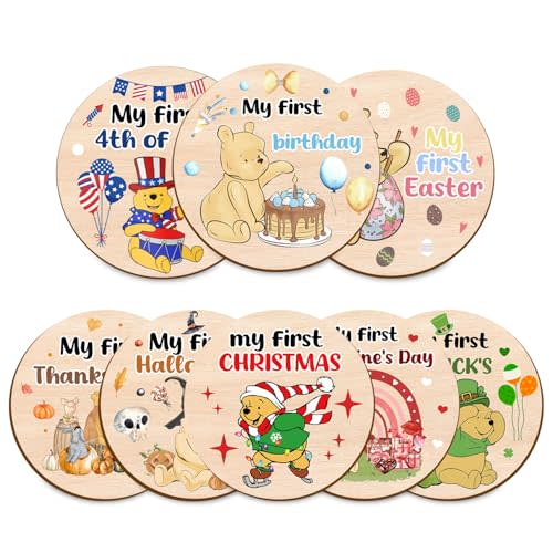 8Pcs Winnie My First Holiday Baby Milestones Circles, The Pooh Birthday Baby Stuff, Double-Sided Printing Months Baby Milestone Wooden Keepsake, Wooden Circles Stuff for for Documenting Growth