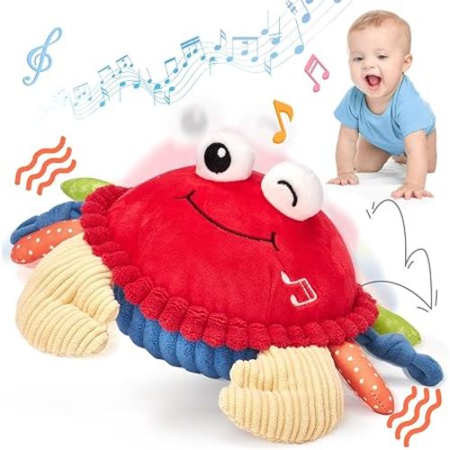 hahaland Baby 6+ Months Tummy Time Musical Bouncing Crab Crawling Toy | 48 Songs & Recording Function, Dancing Moving Jumping Baby Toy, USB Rechargeable Plush Crab Toy for Babies 6 9 12 Months