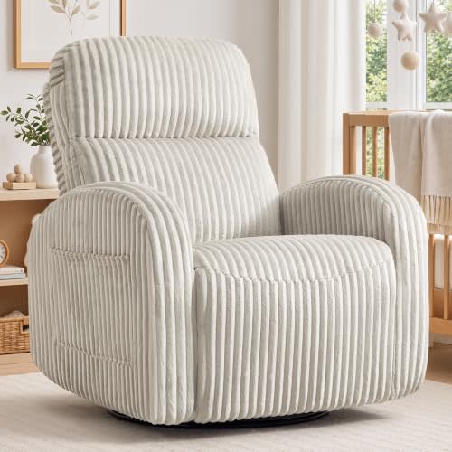 360° Swivel Rocker Recliner, Glider Recliner Nursery Chair, Grey | Manual Swivel Rocking Recliner, Upholstered Corduroy Reclining Chair with Round Armrest for Nursing, Small Spce