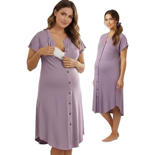 PATPAT Maternity Nursing Nightgown for Pregnancy & Postpartum,Button-Front V-Neck Breastfeeding Sleep Dress with Pockets