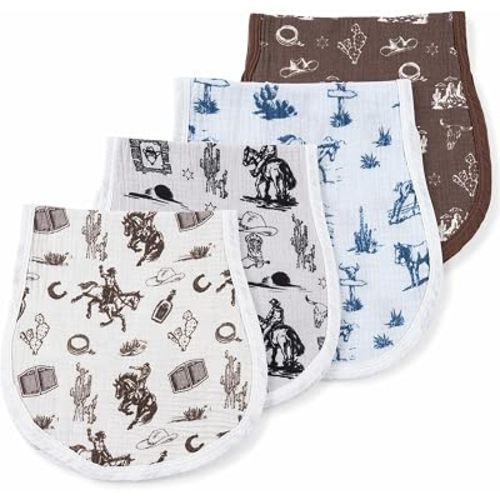 4 Pcs Western Burp Cloths Baby Boy, 22" x 10.6" Cowboy Cotton Spit Up Rags