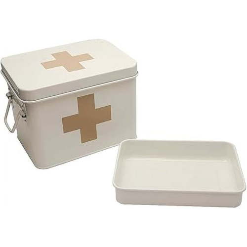 Retro Enameled First Aid Box for Medicine Storage and Home Decor with Lid and Removable Tray (White/Tan)