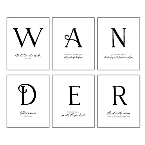 Stamp My Passport WANDER Black and White Travel Wall Art – 6 Unframed 8x10 Adventure Quote Prints | Vintage-Inspired Minimalist Travel Decor for Home, Office, or Wander-Themed Nursery (Felt-Finish)