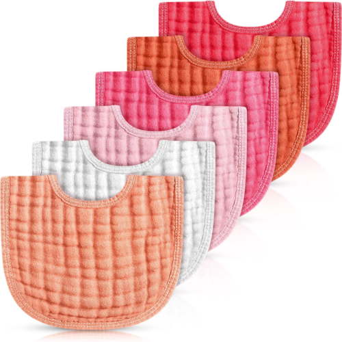 T 6 Pcs Muslin Bibs Burp Cloths for Baby Teething Bandana Bibs 6 Absorbent Layer for Baby Boy Girl Cotton Burping Cloth(Pink Series)