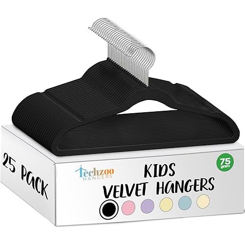25 Premium Kids Velvet Hangers - 14" Non-Slip Clothes Hangers for Kids & Preteens - Ultra Slim, Space-Saving, Strong & Durable Hangers with 360° Swivel Hook - Black