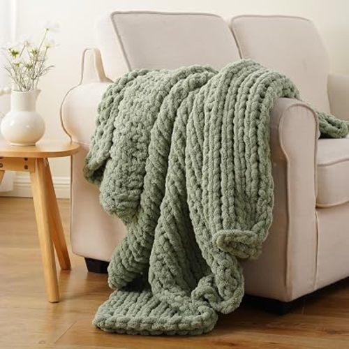 Sage Green Chunky Knit Throw Blanket, Knit Throw Blanket for Couch 50"x60"