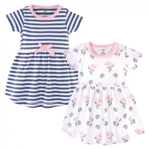 Touched by Nature Baby and Toddler Girl Organic Cotton Short-Sleeve Dresses 2pk, Rose and Berries, 0-3 Months