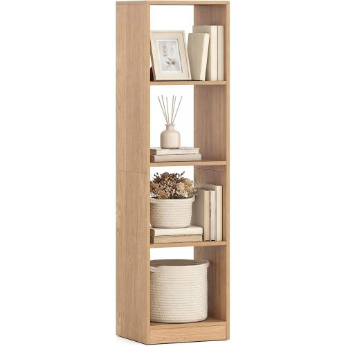 Giantex 56" Tall 4 Cube Bookcase, Natural Freestanding 15" Wide 5-Tier Narrow Open Display Bookshelf w/ 4 Anti-Tipping Kits, Wooden Cube Storage Organizer for Small Place, Living Room, Bedroom