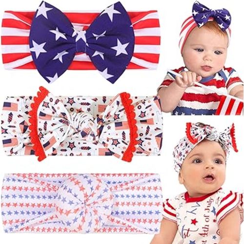 4th of July America Flag Baby Headbands Cheer Bow, Baby Girls Red White Blue Star Spangled Patriotic Hair Bow for Newborns Toddlers Small Children,3 Pcs (Style B)