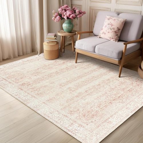 Pink Nursery Rug for Girls Room Vintage Floral Washable 5x7 Rugs for Dorm