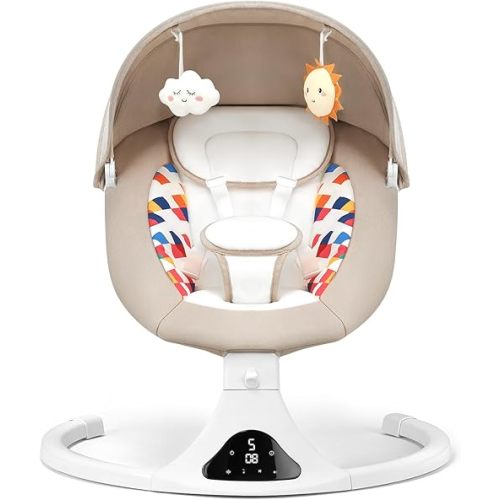 Baby Swing for Infants, Bluetooth Baby Swing with Remote Control, Portable Infant Swings with 5 Speed Motions, 12 Soothing Lullabies, Designed for Newborns (Max 20 lbs Beige)