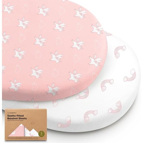2-Pack Organic Bassinet Sheets for Girls, Boys - 100% Cotton Bassinet Mattress Sheets Compatible with Halo Bassinest Swivel Sleeper, Graco,Baby Delight,Chicco,Unisex Fitted Bassinet Sheets (Dreamland)