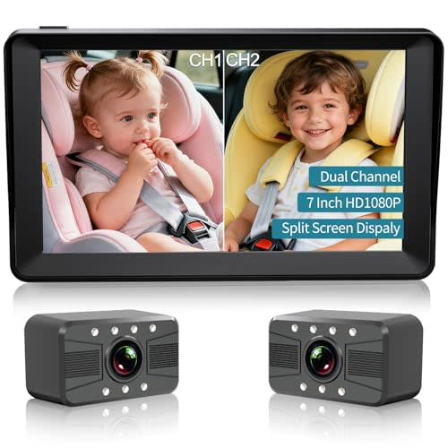 HUBOOK Baby Car Camera -7 Inch Split Screen with Dual Seat Cameras, Night Vision, HD 1080P - USB Powered Easy Install Rear Facing Baby Car Monitor - Perfect for 2Kids/Twins