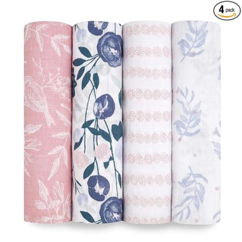 aden + anais Essentials Muslin Swaddle Blankets for Baby Girls and Boys, Newborn Receiving Blanket for Swaddling, 100% Cotton Baby Swaddle Wrap, 4 Pack, Flower's Bloom