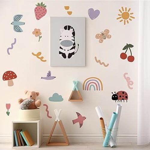 Insect Fruit Wall Decals,Watercolor Doodle Wall Stickers Decor,Peel and Stick Butterfly Mushrooms, Strawberries, Cherries Decals for Kids Bedroom Nursery Playroom Living Room and Bedroom Decoration