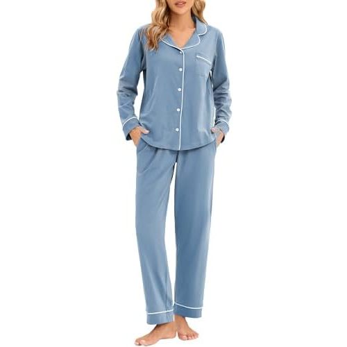 LUBOT 100% Cotton Pajamas for Women PJ Set Soft Button-Down 2 Piece Set Knitted Long Sleeve Sleepwear Loungewear