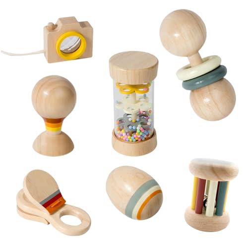 7 PCS Wooden Baby Toys Set - Organic Infant Rattles Newborns 0-6 Month & Montessori-Inspired Musical Instruments for 0-12 Month - Natural Toddler Developmental Toys